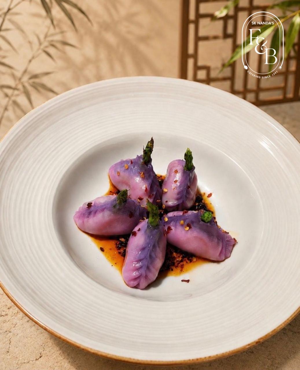Purple Asparagus Crystal Dumplings at SK Nanda F&B